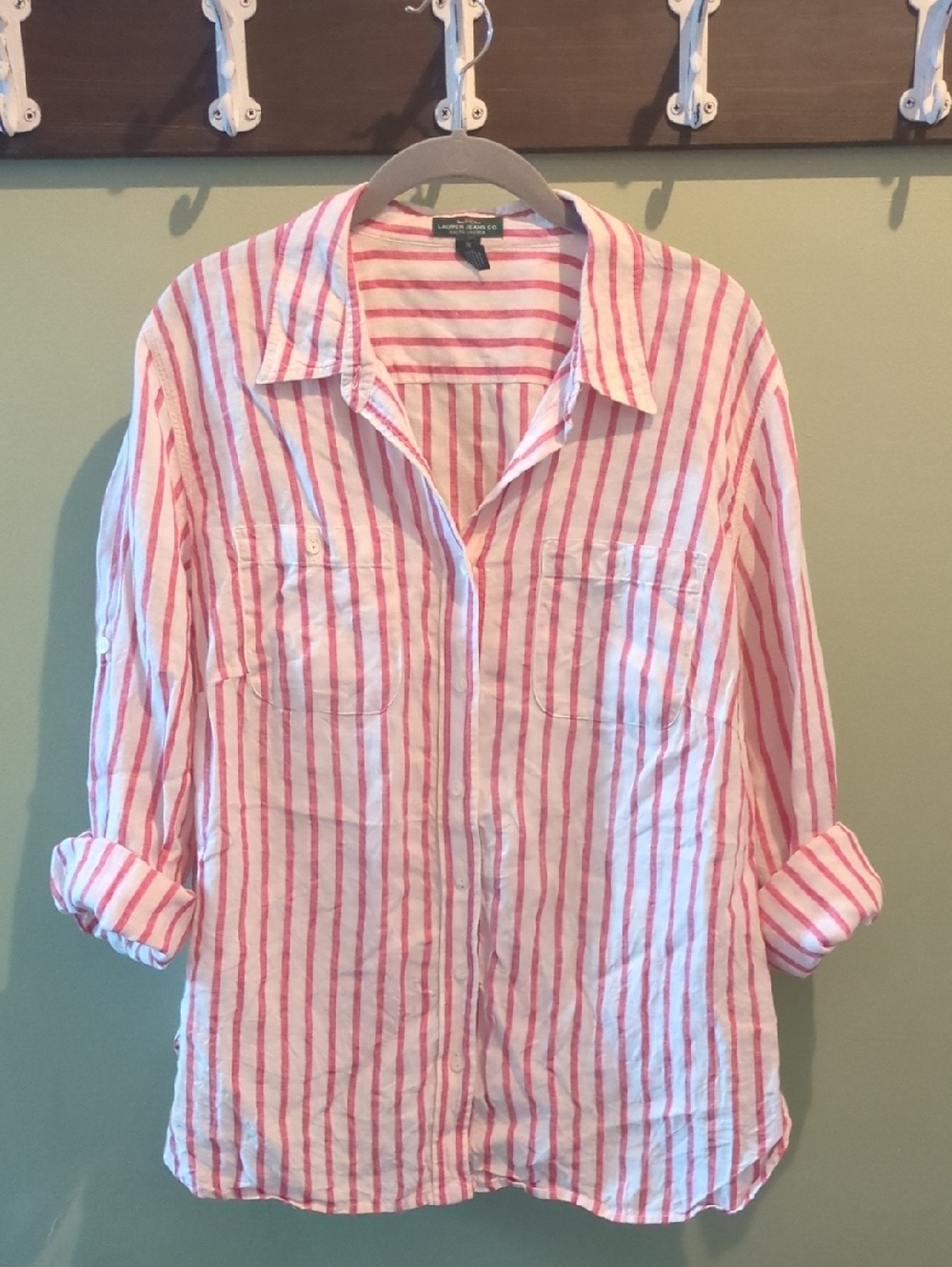 Ralph Lauren Linen Red and White Striped Shirt 1X Long Sleeve